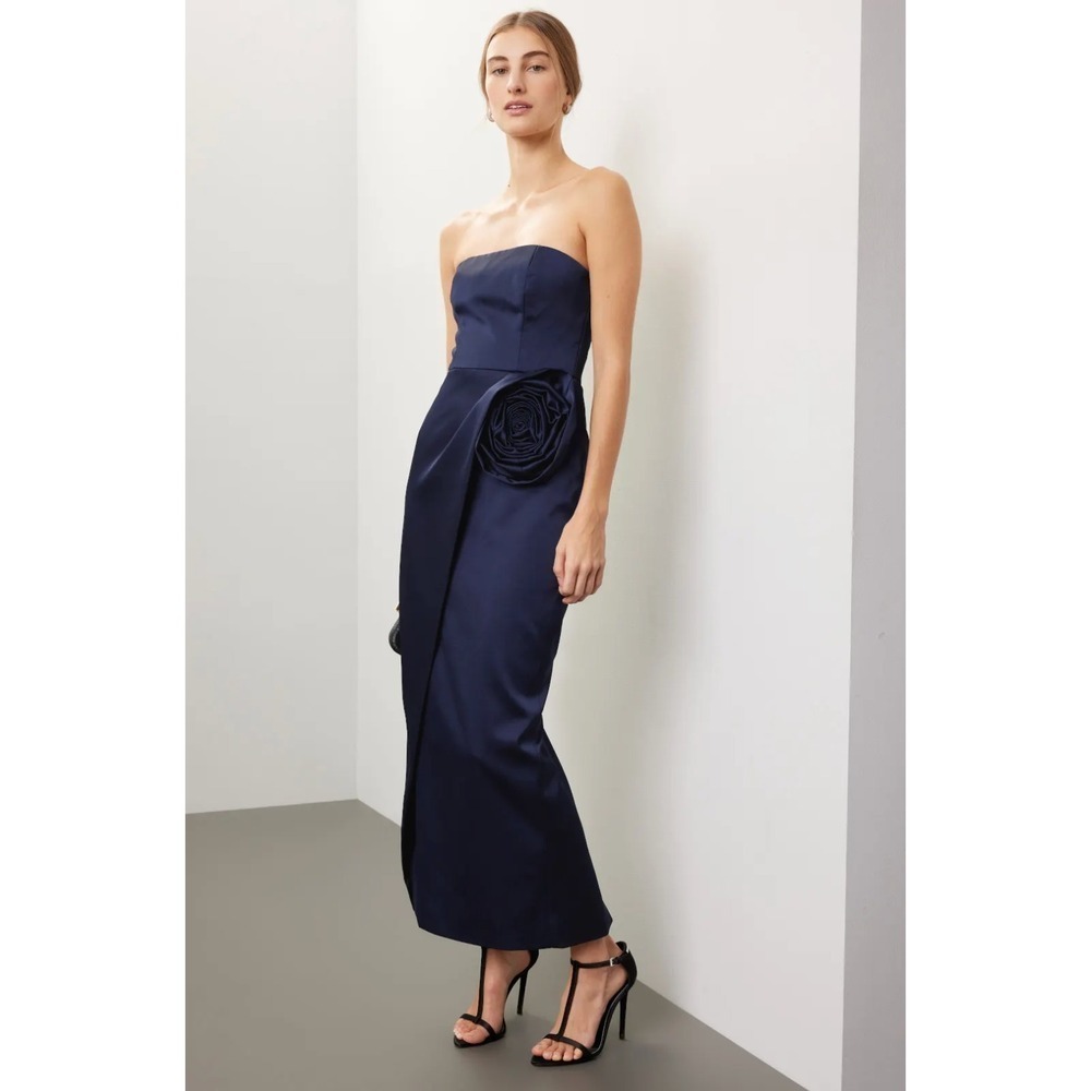 B35 Ronny Kobo Pradova Midi Dress XS Navy Blue Strapless Rosette Slit Cocktail